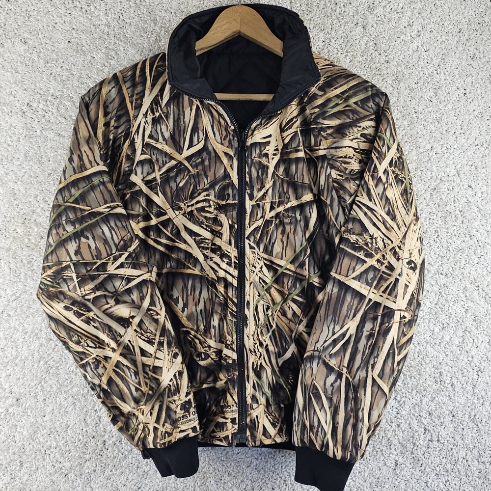 Mossy Oak Shadow Grass Camo Reversible Quilted Black Jacket Full Zip Size Small